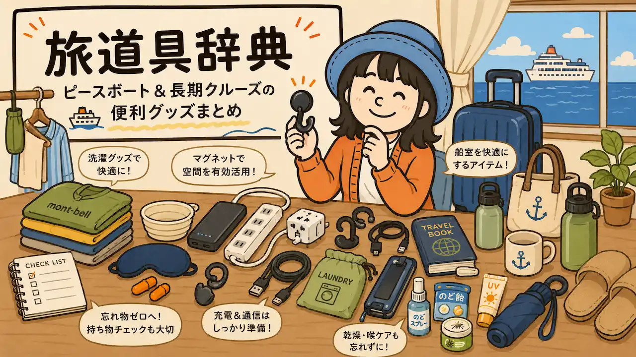 ピースボート長期クルーズの便利グッズを紹介する旅道具辞典のイラスト