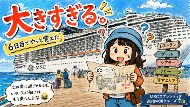 MSCスプレンディダの広い船内で迷いながら過ごすAppyのイラスト