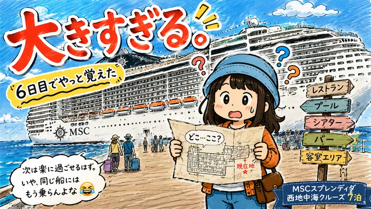 MSCスプレンディダの広い船内で迷いながら過ごすAppyのイラスト