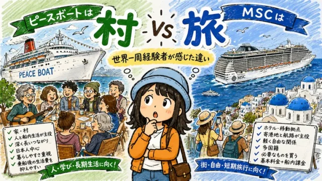 ピースボートは村、MSCは旅という違いを世界一周経験者の視点で比較したイラスト