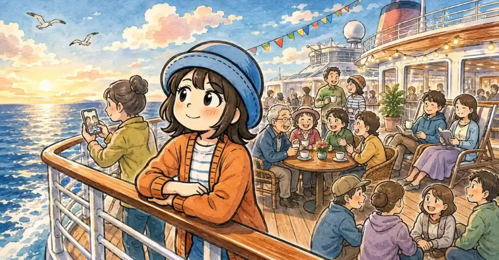 ピースボートの船内で一人参加や夫婦、仲間との交流を楽しむ様子を描いたイラスト