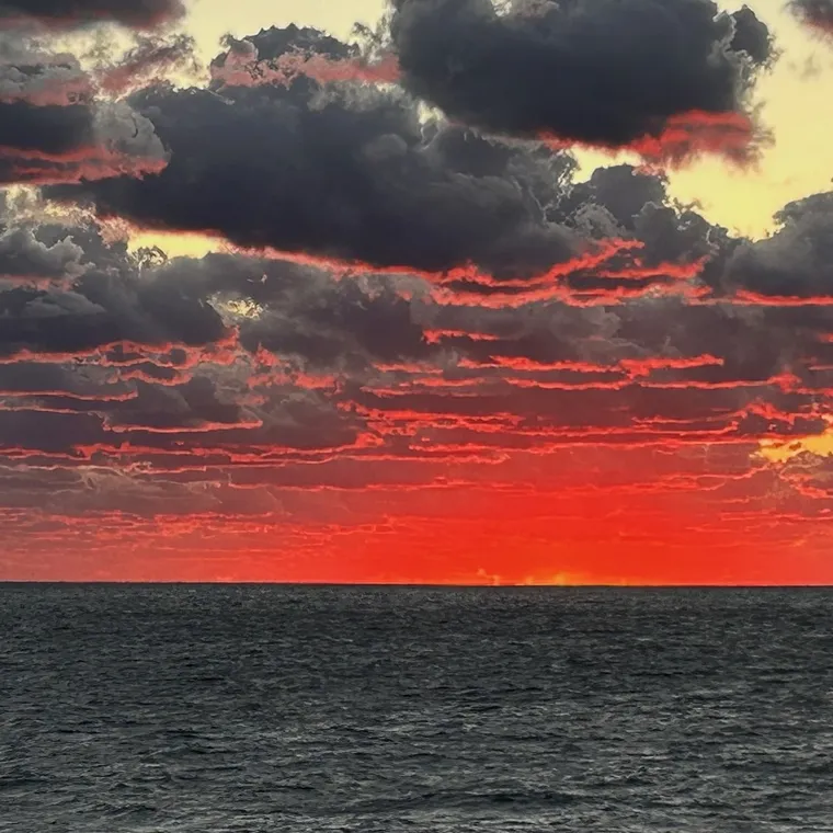 黒い雲の輪郭と水平線が真っ赤に染まるニューヨークの夕空