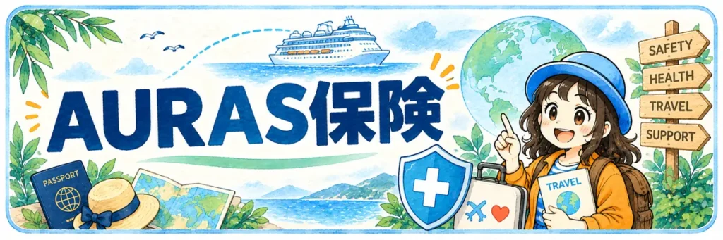 「AURAS保険」の文字と、クルーズ船や旅行用バッグ、医療を表す盾とともにAppyを描いた海外旅行保険の案内イラスト