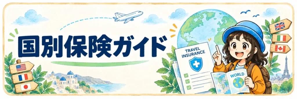 「国別保険ガイド」の文字と、各国の旗の案内板、旅行保険の書類、世界地図を開くAppyのイラスト