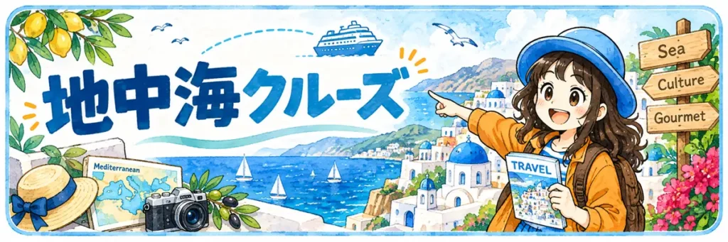 「地中海クルーズ」の文字と、青い海や白い街並み、クルーズ船を背景に旅を案内するAppyのイラスト