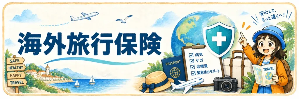 「海外旅行保険」の文字と、保険のチェック表や盾、パスポートと旅行かばんを持つAppyを描いた案内イラスト