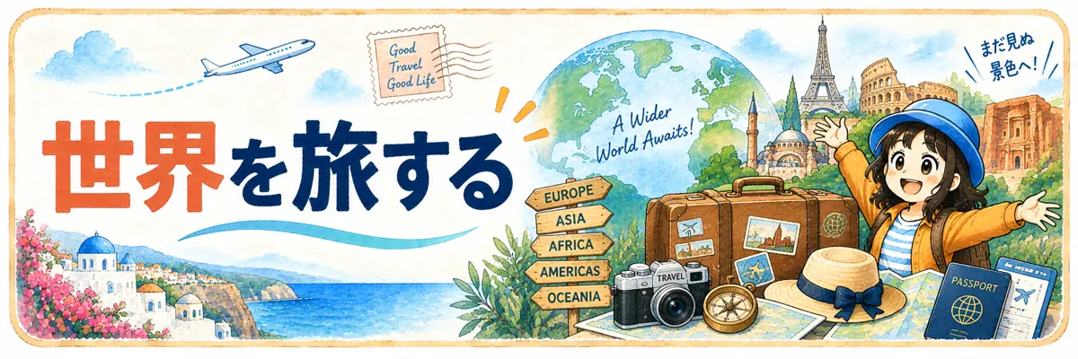 「世界を旅する」の文字と、地球儀や世界各地の名所、旅行かばんとAppyを描いた海外旅行の案内イラスト