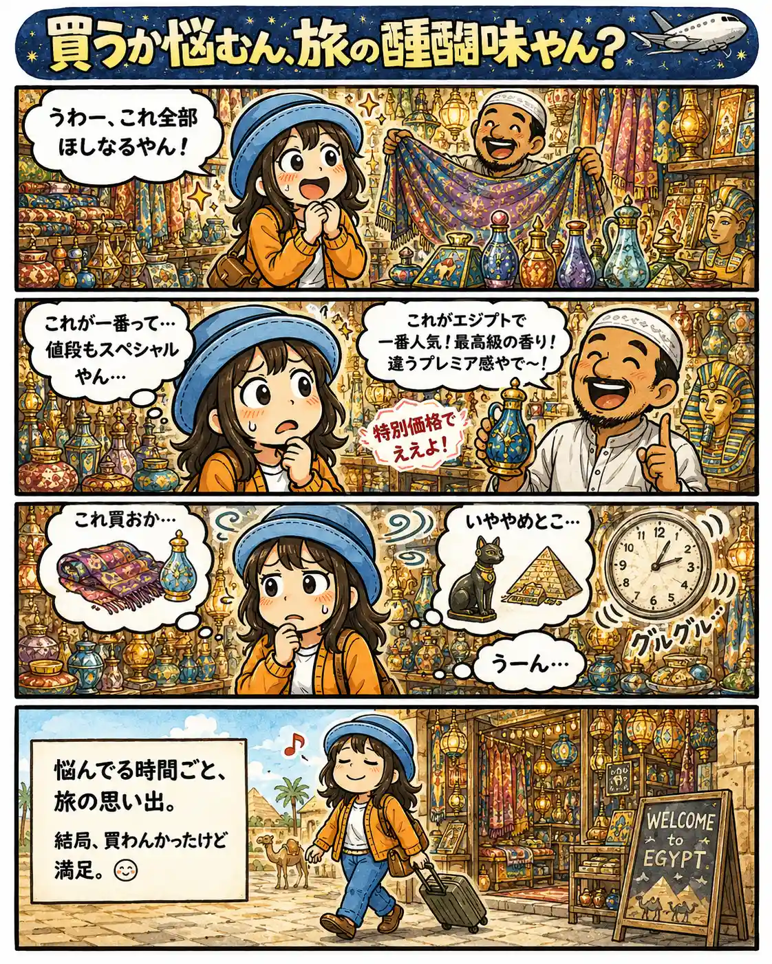エジプトの土産店で布や香水瓶を前に、買うかやめるか迷った末、何も買わずに満足して店を後にするAppyの4コマ漫画