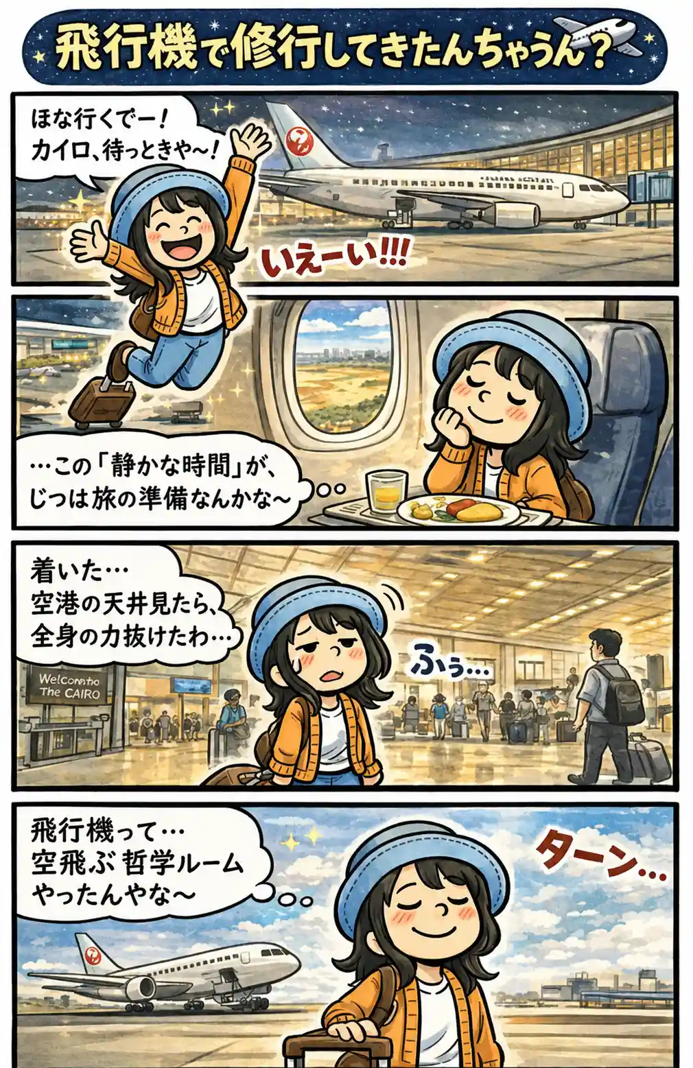 カイロへ向かう飛行機で静かな時間を過ごしたAppyが、到着後に全身の力が抜け、飛行機を「空飛ぶ哲学ルーム」と振り返る4コマ漫画