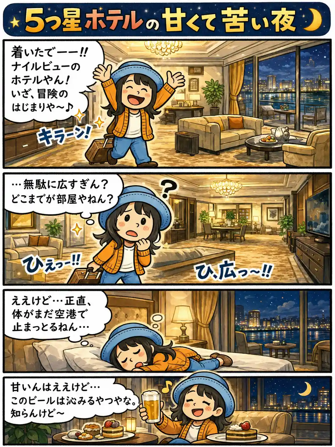 カイロのナイルビューの5つ星ホテルに着いたAppyが、広すぎる部屋にはしゃぎながらも旅の疲れでベッドに倒れ、夜にビールと甘いものを楽しむ4コマ漫画