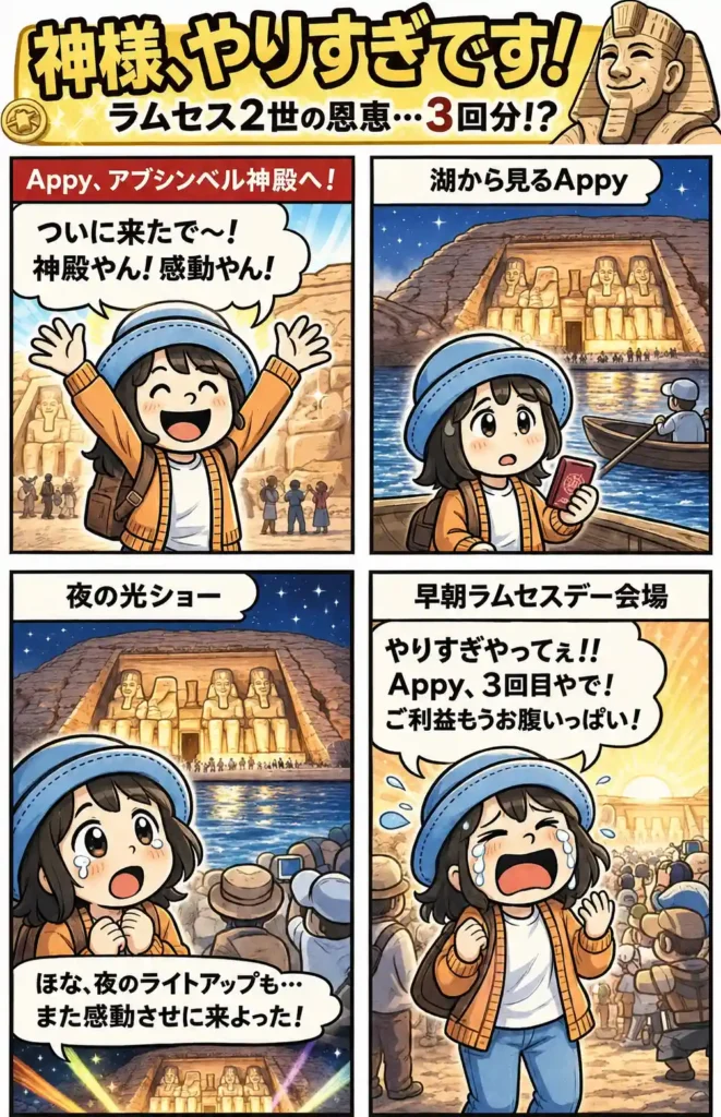 アブシンベル神殿を昼・湖上・夜の光ショー・早朝のラムセスデーと3度楽しみ、感動しながらも「やりすぎ」と泣くAppyの4コマ漫画