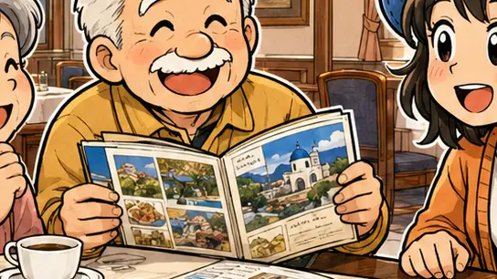 旅のアルバムを見せる夫婦と話を聞くAppyの漫画アイキャッチ