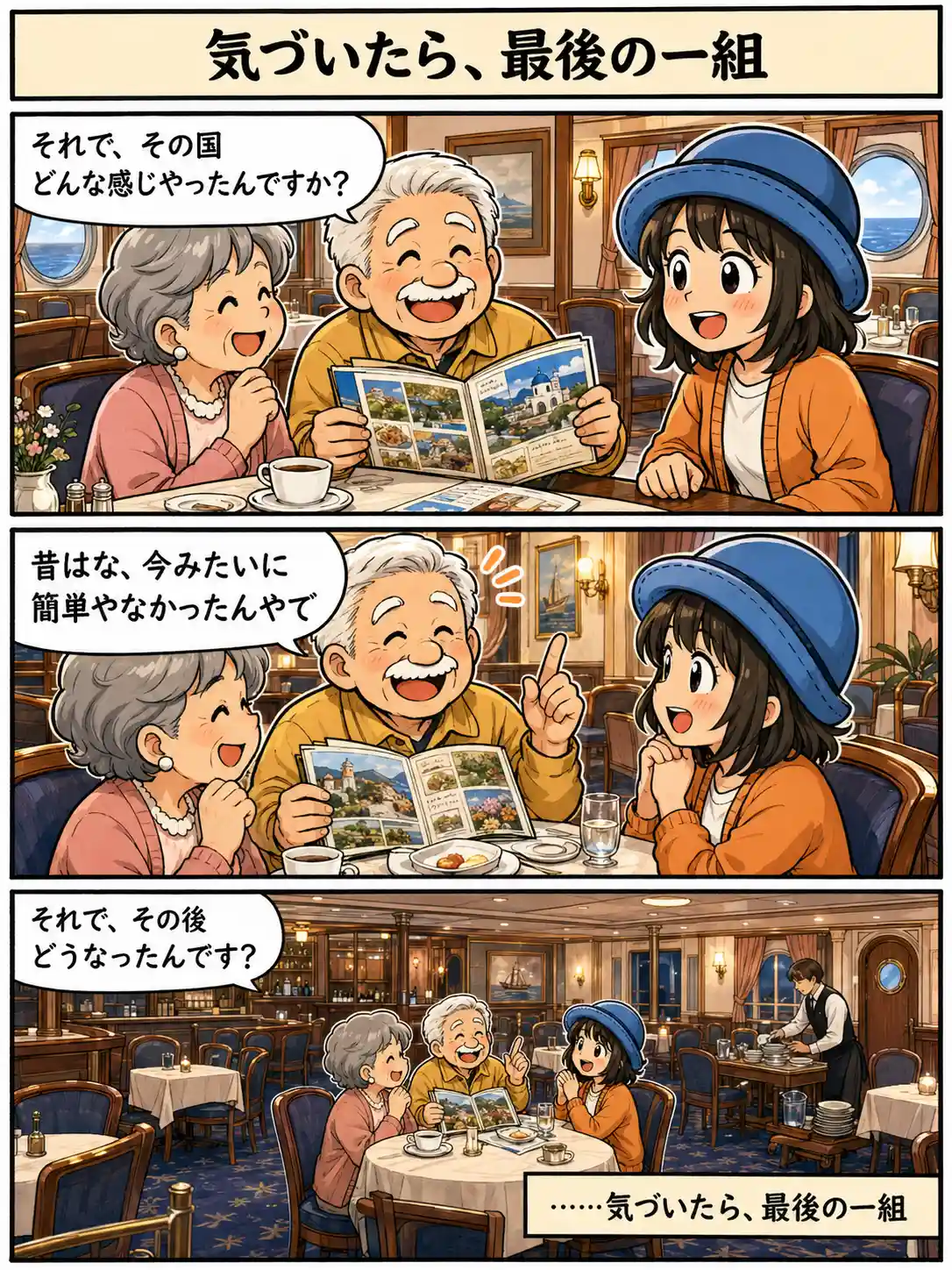 船内レストランで年配の夫婦の旅の思い出を聞き、気づけば最後の一組になっていたAppyを描いた3コマ漫画