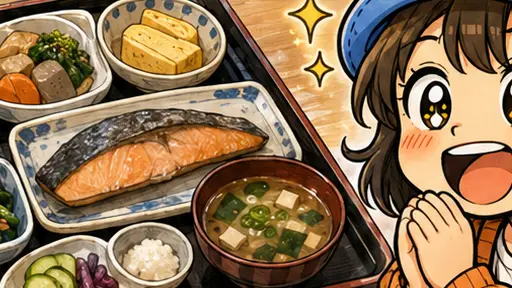 焼き鮭やみそ汁などの和朝食を前に目を輝かせるAppyの漫画アイキャッチ