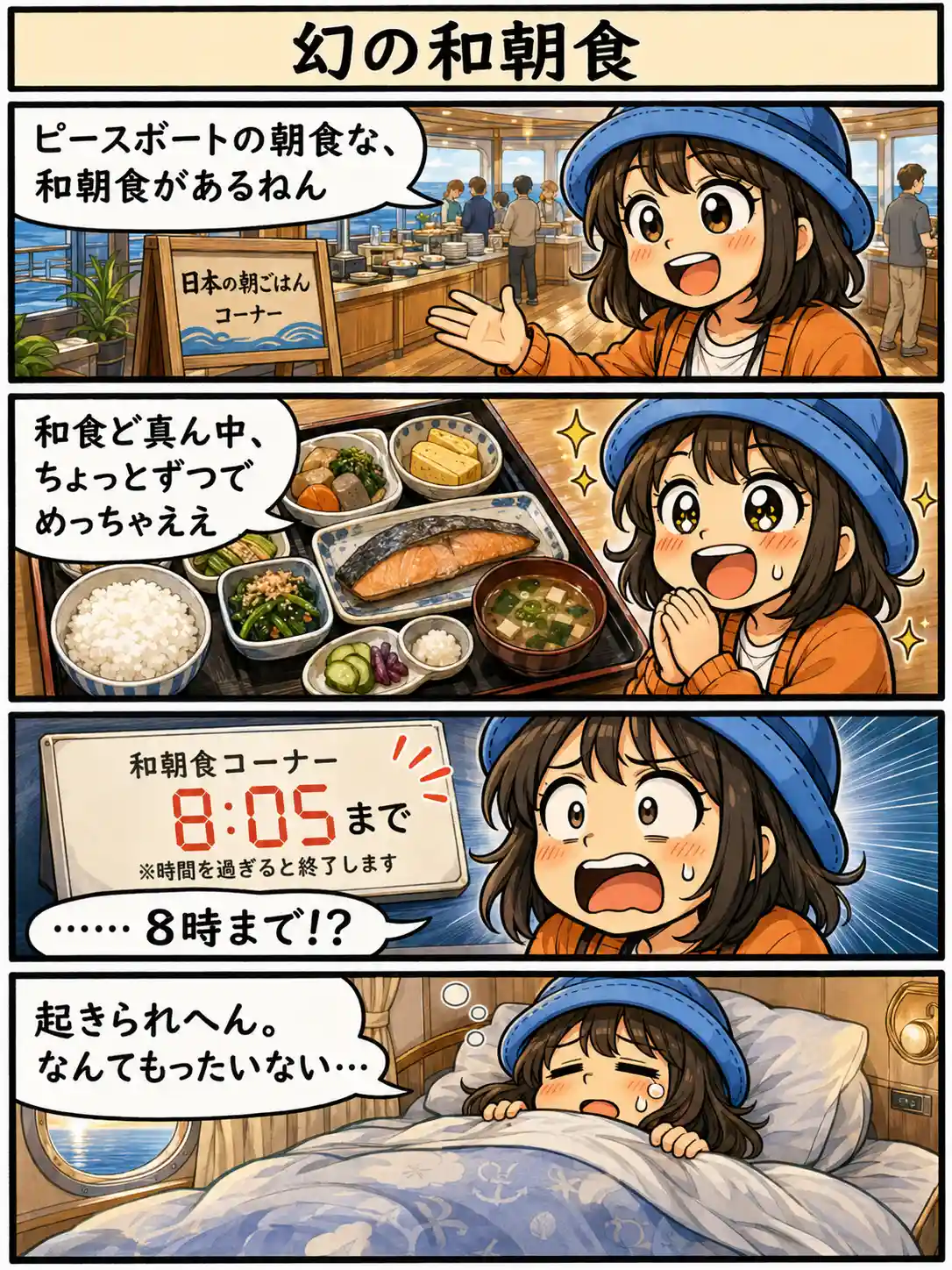 ピースボートの和朝食に惹かれながら、朝早い提供時間に起きられず食べ逃してしまうAppyを描いた4コマ漫画