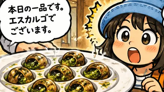 船内レストランでエスカルゴを出され、「……え？ エスカルゴ??」と驚くAppyの漫画アイキャッチ。