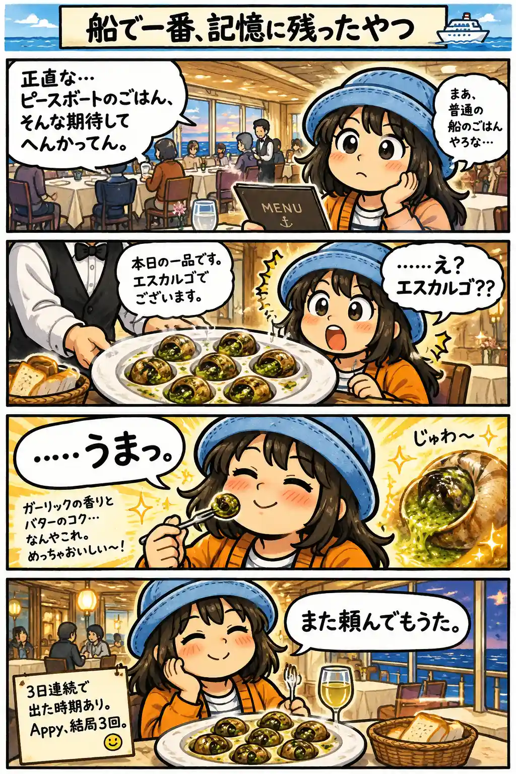 ピースボートの船内レストランで初めて出たエスカルゴのおいしさに驚き、3日連続で出た時期に結局3回頼んだAppyを描いた4コマ漫画。