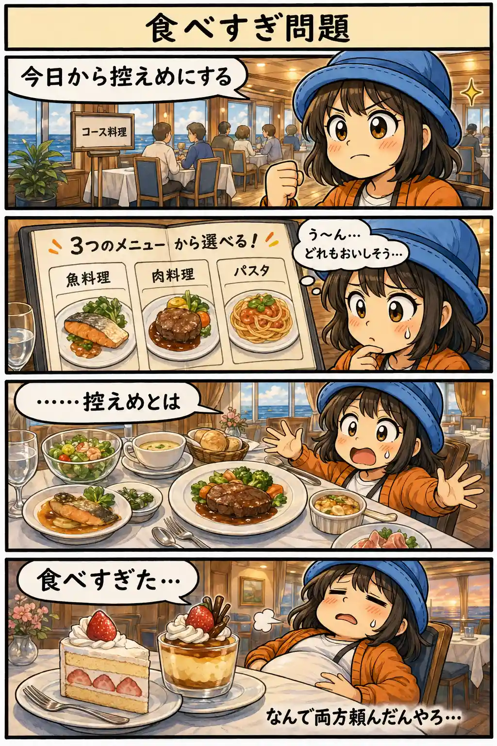 ピースボートのコース料理で控えめに食べようと思いながら、結局食べすぎてしまう様子を描いた4コマ漫画。