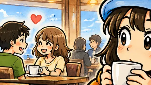 船内ラウンジで向かい合って話す男女を見ながら、Appyがマグカップを持って見守るアイキャッチ画像。