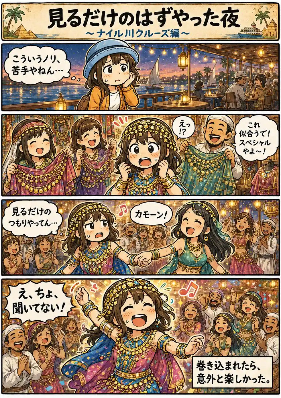 ナイル川クルーズの夜、見るだけのつもりだったAppyがエジプト衣装を着せられ、周囲に巻き込まれて踊ることになる4コマ漫画。