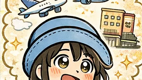 飛行機とホテルを思い浮かべながら、旅行の妄想に目を輝かせるAppyの漫画アイキャッチ。