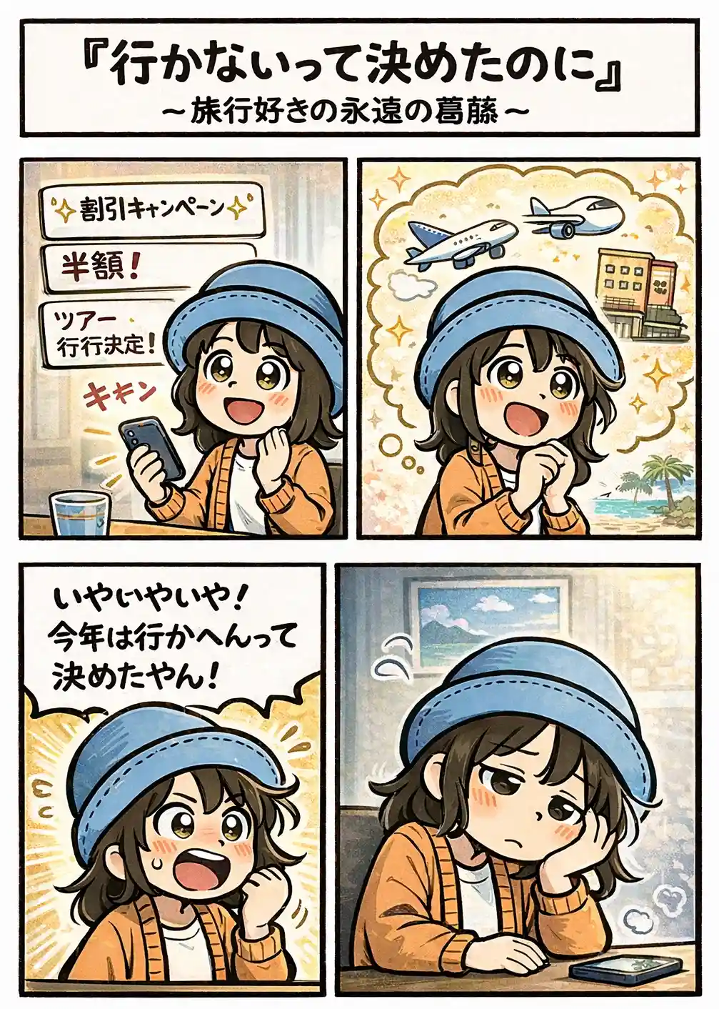 旅行を控えると決めたのに、割引キャンペーンを見た途端に旅の妄想が膨らみ、気持ちが揺れるAppyを描いた4コマ漫画。