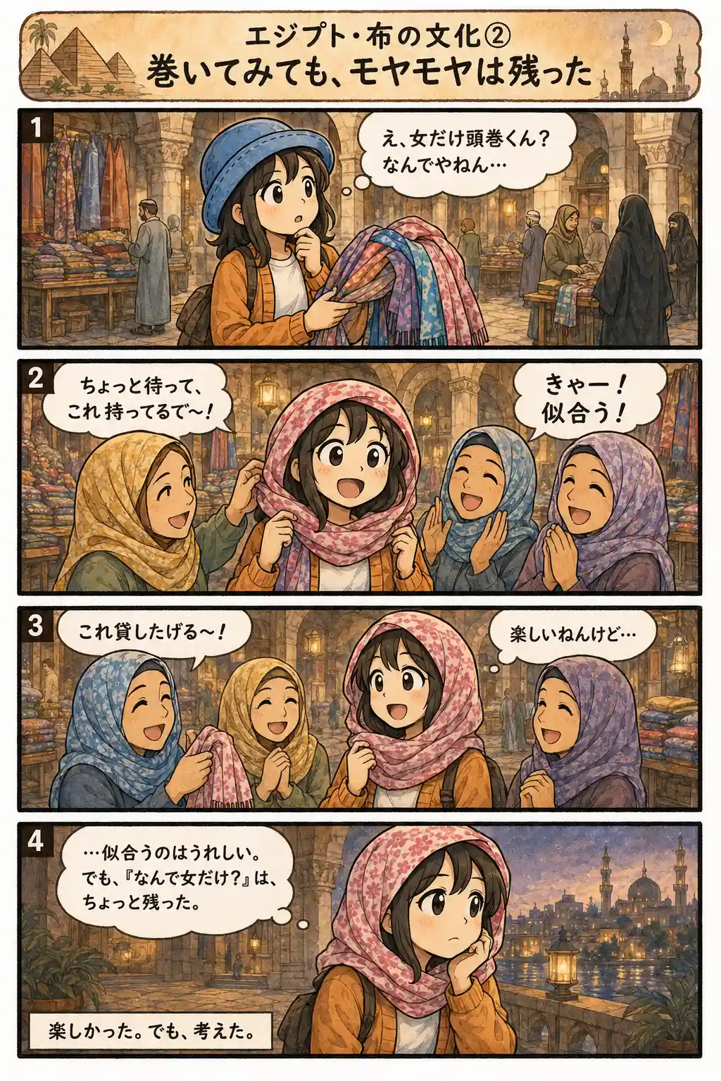 エジプトの布文化に触れ、女性たちと頭に布を巻いて楽しみながらも「なんで女だけ?」という疑問が残るAppyを描いた4コマ漫画。