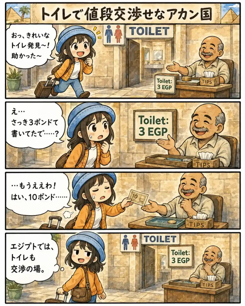 エジプトの有料トイレで3EGPの表示を見たのに10ポンドを求められ、結局支払って立ち去るAppyを描いた4コマ漫画。