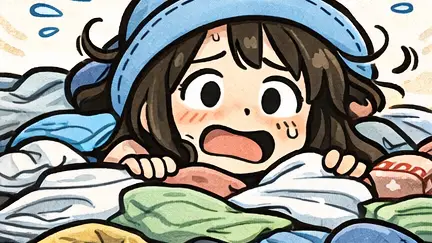 持ってきた大量の服に埋もれて驚くAppyを描いた漫画アイキャッチ。