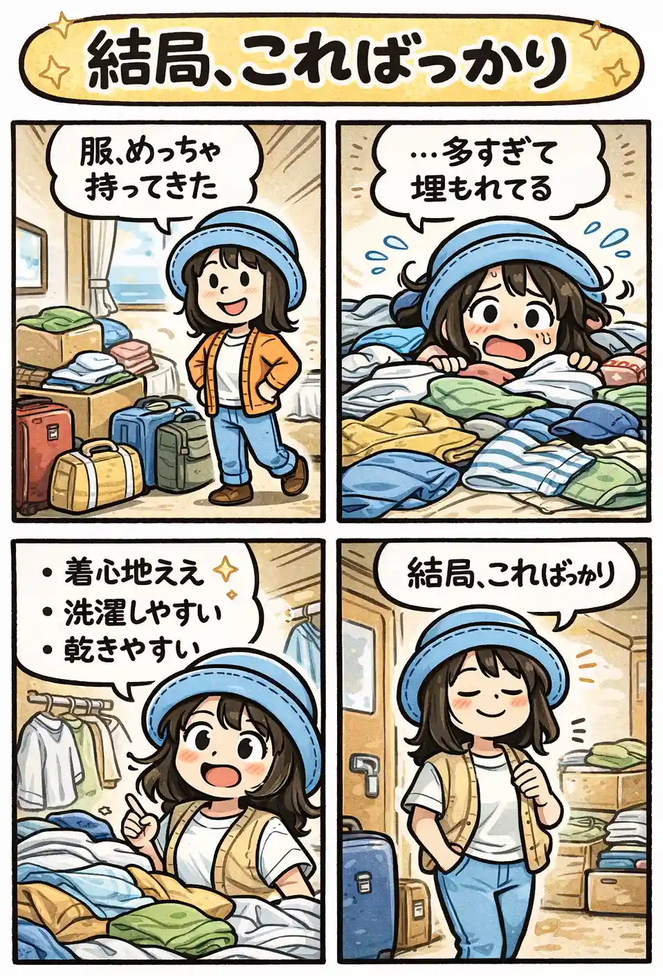 旅行にたくさん服を持ってきたのに、着心地がよく洗濯しやすく乾きやすい服ばかり選ぶようになったAppyを描いた4コマ漫画。