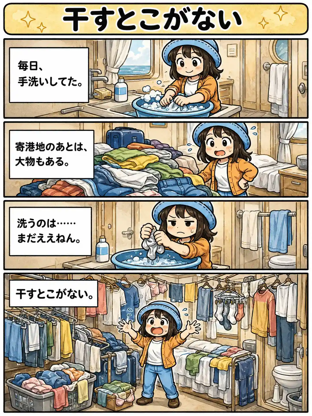 ピースボートの船内で毎日手洗いをし、寄港地のあとに増えた大量の洗濯物を前に、干す場所がなくて困るAppyを描いた4コマ漫画。