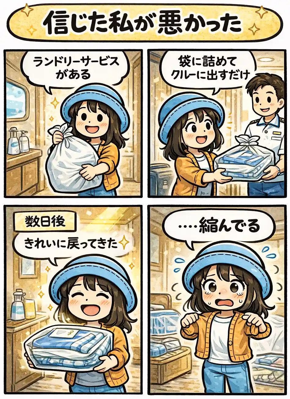 ピースボートのランドリーサービスに服を出し、きれいに戻ってきたと思ったら縮んでいることに気づくAppyを描いた4コマ漫画。