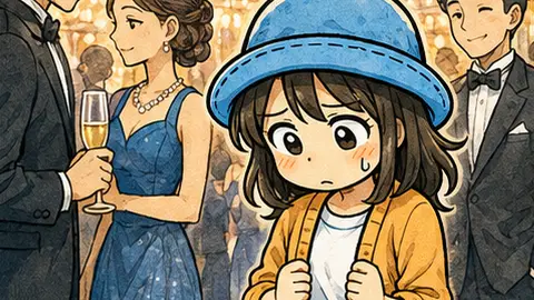 船内のフォーマルな場で周囲がドレスアップする中、普段着のまま困った表情をするAppyの漫画アイキャッチ。