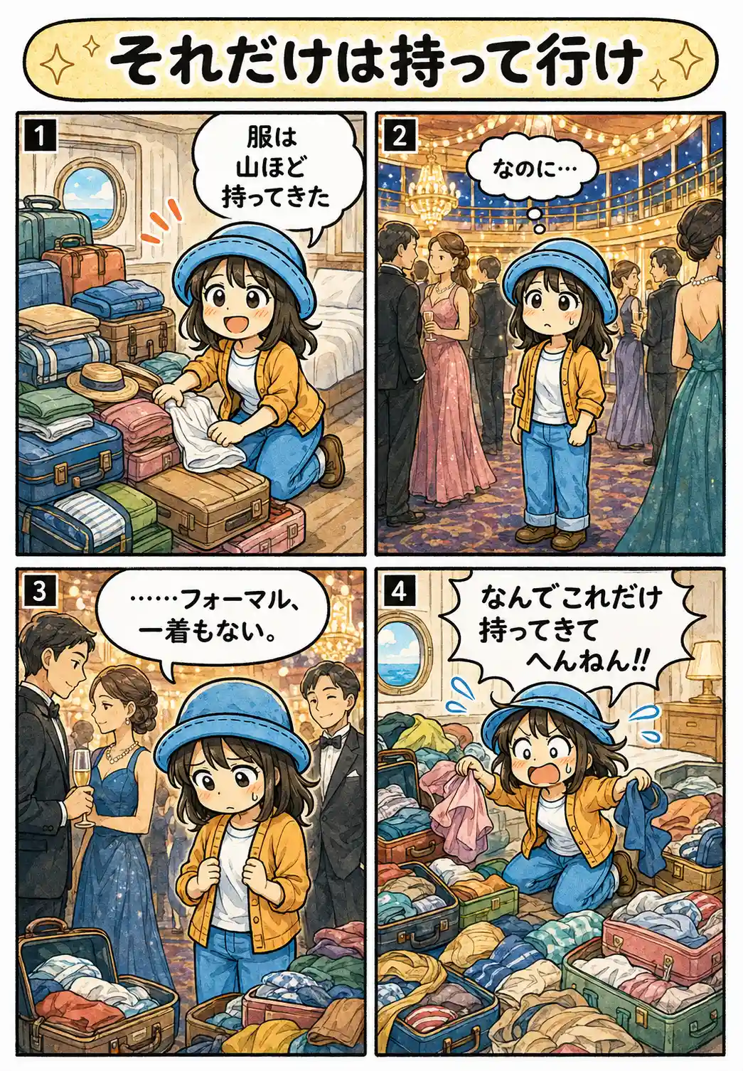 ピースボート旅行で服を大量に持ってきたのに、船内のフォーマルな場面で着る服がなく後悔するAppyを描いた4コマ漫画。