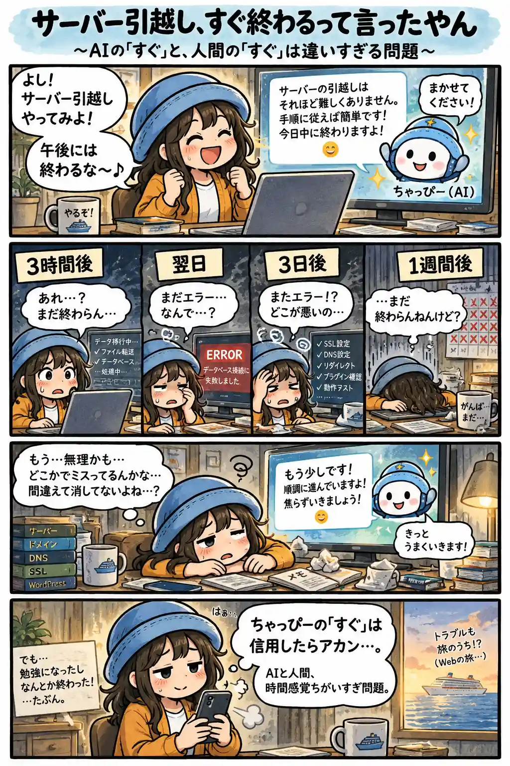 サーバー引越しをAIのちゃっぴーに相談し、すぐ終わると思って始めたものの、エラーや設定確認が続いて1週間かかるAppyを描いた漫画。
