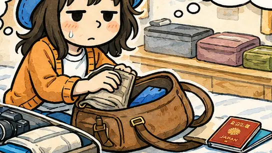 寄港地へ出かける準備で、ベッドの上の荷物をバッグに詰めるAppyとパスポートを描いた漫画アイキャッチ。