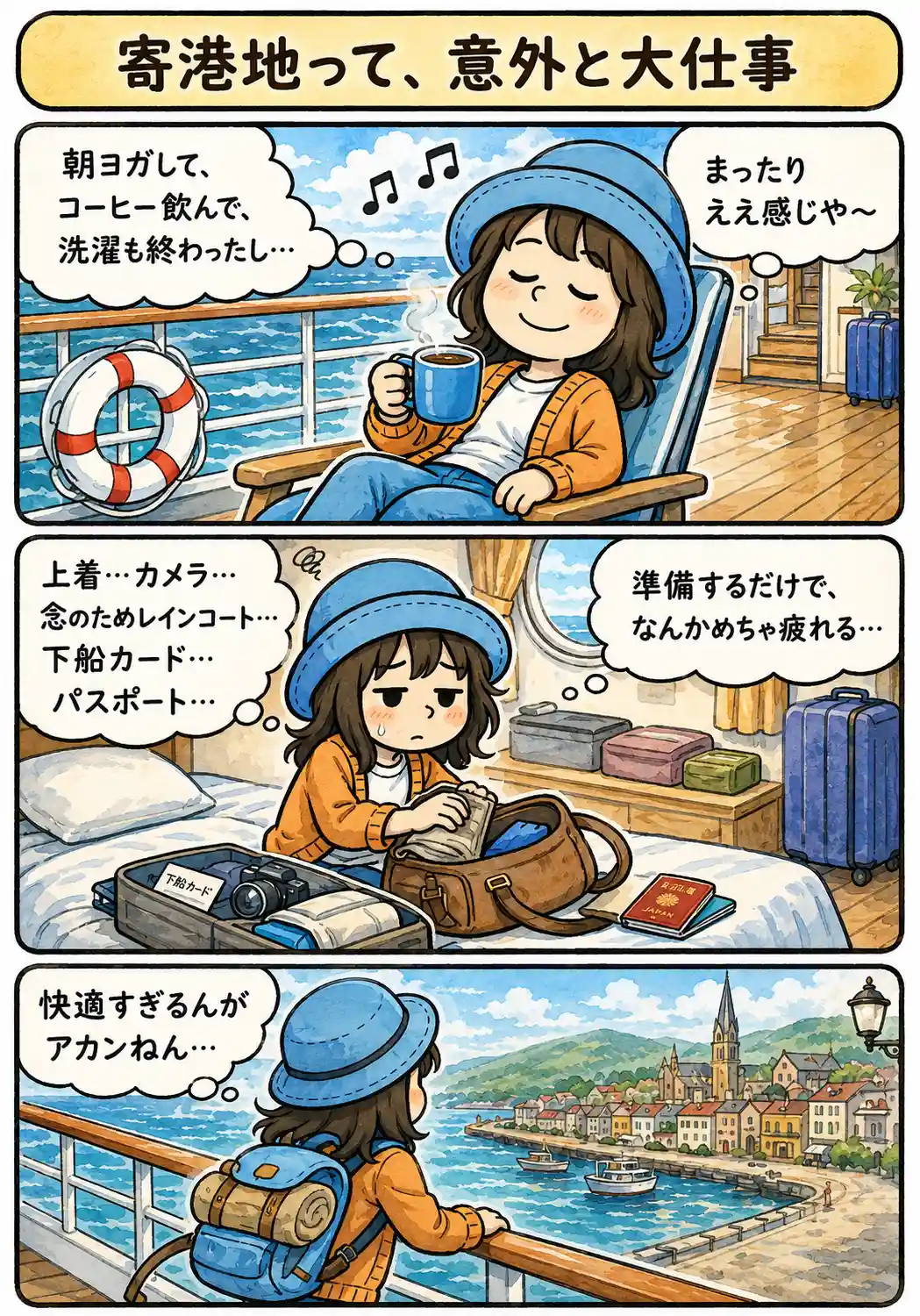 ピースボートの寄港日に、船内でくつろいだあと上着やカメラ、レインコート、下船カード、パスポートを準備するだけで疲れてしまうAppyを描いた3コマ漫画。