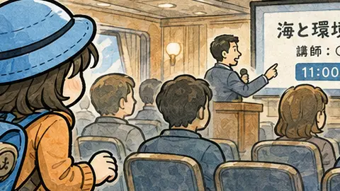 船内プログラムの講座会場をのぞき込むAppyと、スクリーンに映る『海と環境の未来』の講座風景を描いた漫画アイキャッチ。