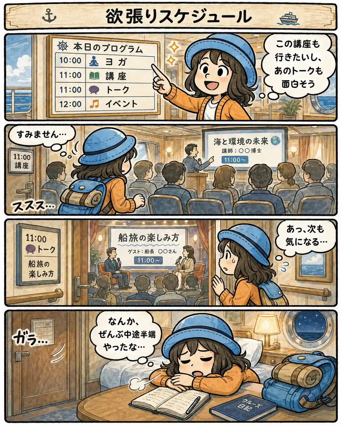 ピースボート船内で本日のプログラムを見て講座もトークも気になり、あれこれ顔を出したものの、結局どれも中途半端に終わってしまったAppyを描いた4コマ漫画。