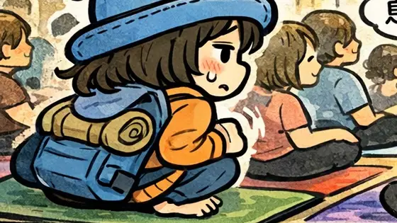 満員のヨガ会場で、ヨガマットを抱えたAppyが後ろの空いた場所を探して座る漫画アイキャッチ。