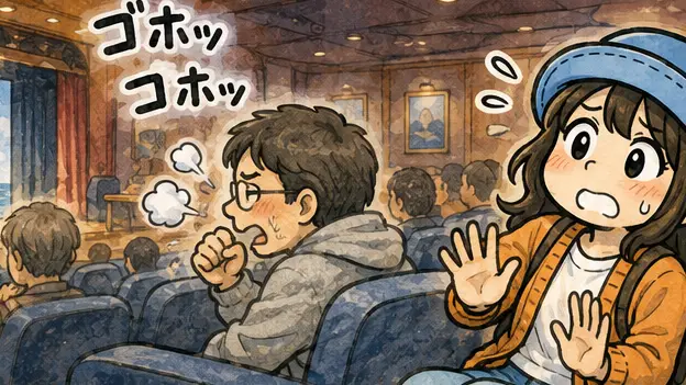 船内の座席で咳き込む乗客を見て、Appyが驚いて距離を取る漫画アイキャッチ。