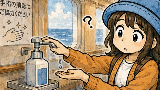 船内の消毒液ポンプを押しても中身が出ず、Appyが困った表情を見せる漫画アイキャッチ。