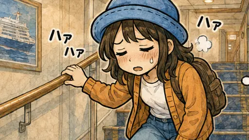 船内の階段で息を切らしながら手すりにつかまり、しんどそうに歩くAppyの漫画アイキャッチ。