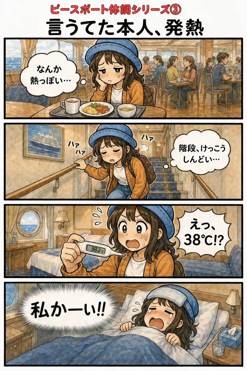 ピースボート船内で体調不良が広がる中、Appy自身も熱っぽさとだるさを感じ、体温を測ると38.1℃あったことに驚く4コマ漫画。
