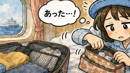 船室のベッドで横になりながら、持参した薬をバッグの中から見つけて『あった…！』と安心するAppyの漫画アイキャッチ。