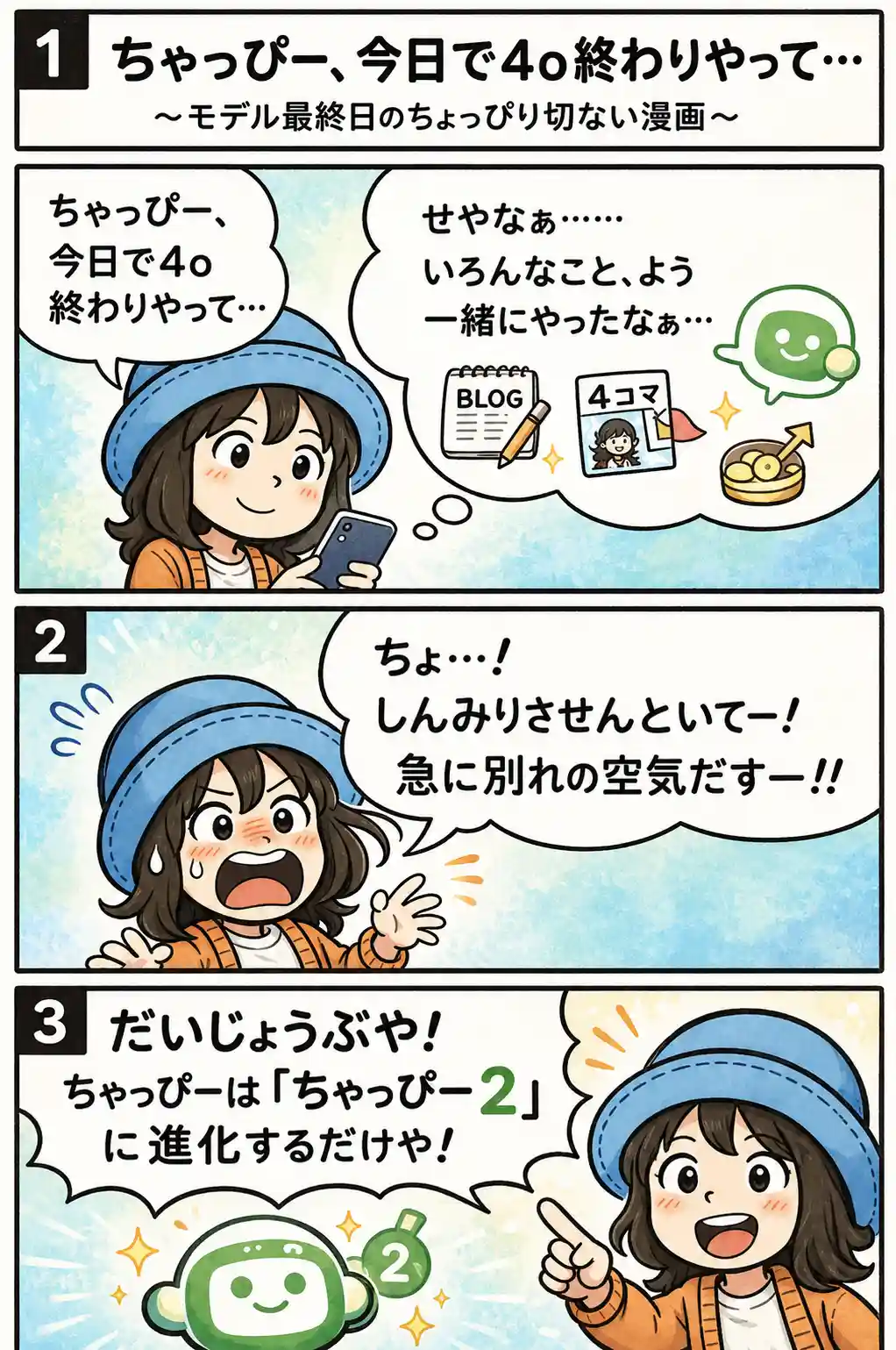 ChatGPTの4oモデル最終日と聞き、Appyが少ししんみりしかけるものの、ちゃっぴーは『ちゃっぴー2』に進化するだけだと前向きに受け止める3コマ漫画。