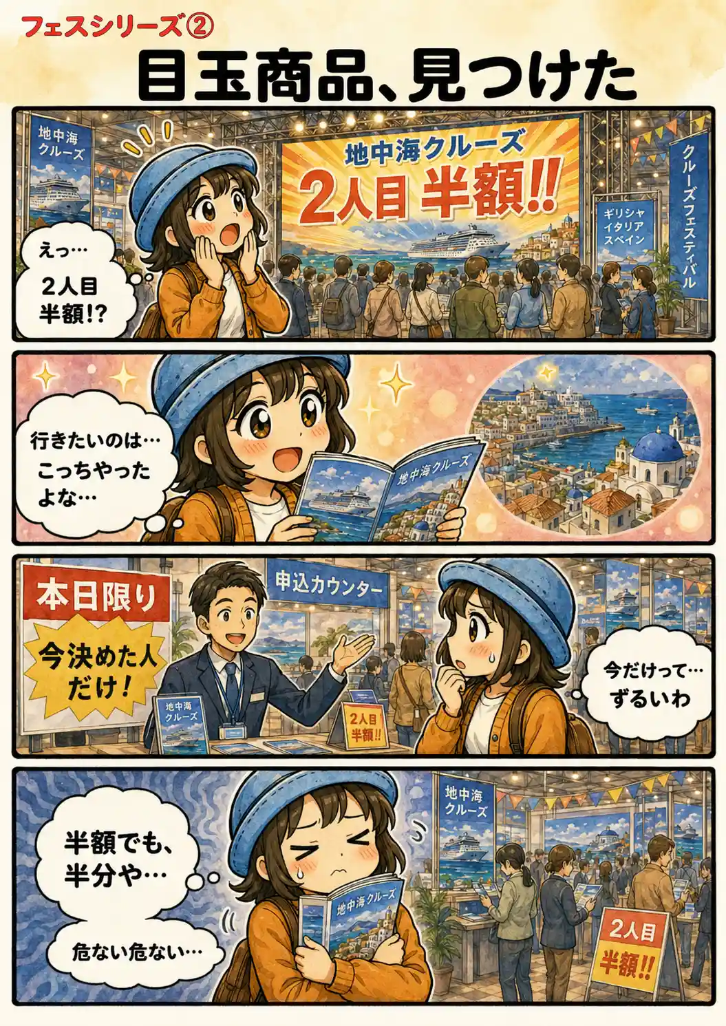 クルーズフェスティバルで地中海クルーズの『2人目半額』を見つけ、行きたい航路に心が揺れながらも即決をこらえるAppyを描いた4コマ漫画。
