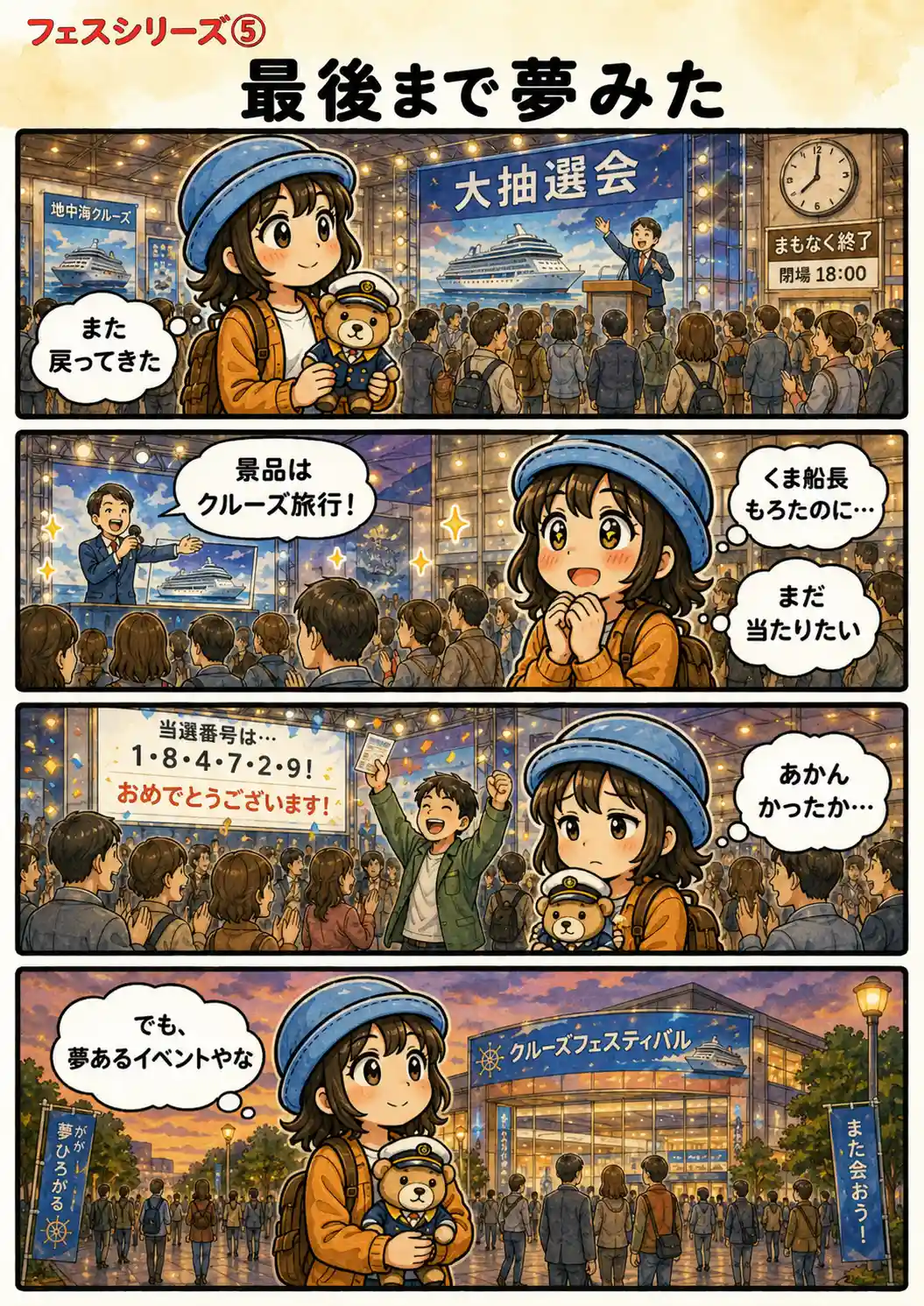 クルーズフェスティバルの最後に大抽選会まで残り、景品のクルーズ旅行に期待しながらも外れてしまい、それでも夢のあるイベントだったと感じるAppyを描いた4コマ漫画。