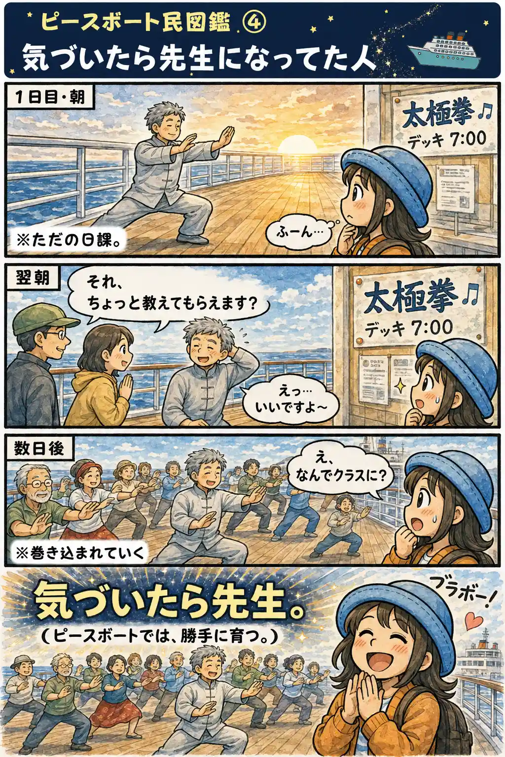 ピースボートのデッキで太極拳をしていた男性が、翌朝には人に教え始め、数日後には大勢の参加者を率いる先生になっていた様子を描いた4コマ漫画。