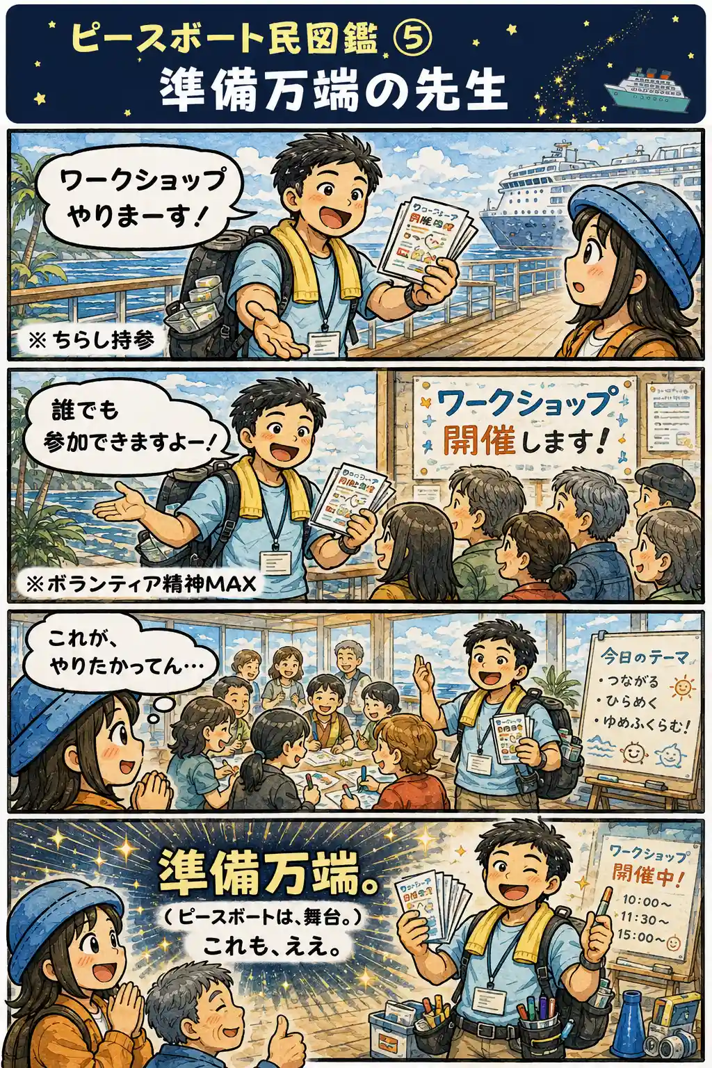 ピースボートでワークショップを開くためにチラシや資料、道具まで準備し、参加者を集めて楽しそうに進行する人を描いた4コマ漫画。